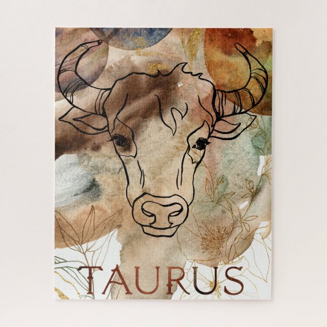 Quebra-cabeça Taurus touro marrom flores planetárias aquarela (Vertical)