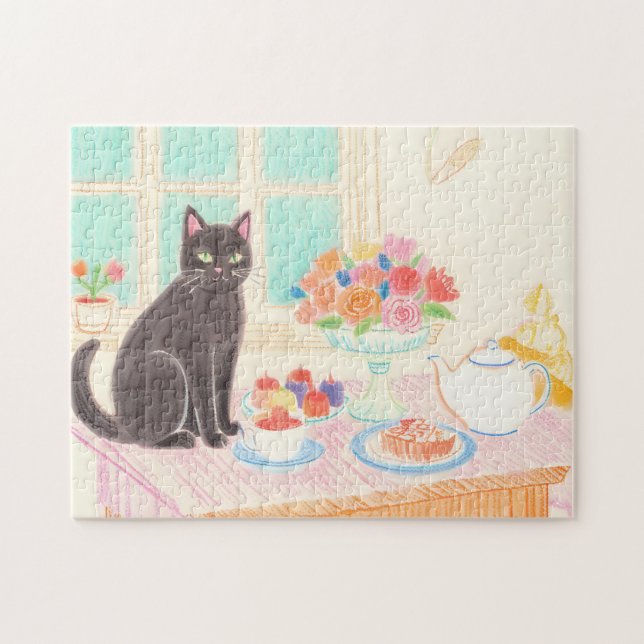 Quebra-cabeça Tea-Time Black Cat Puzzle – Cozy Winter Gift Idea (Horizontal)