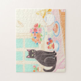 Quebra-cabeça Tea-Time Black Cat Puzzle – Cozy Winter Gift Idea