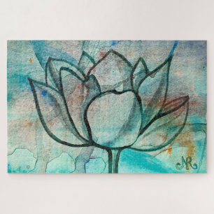 Quebra-cabeça Teal Blue Watercolor Flor Elegante Artsy Lotus
