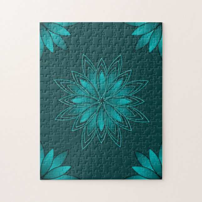 Quebra-cabeça Teal Leaf Mandala Design on Dark Cyan (Vertical)