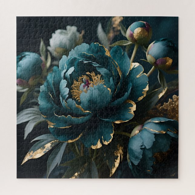 Quebra-cabeça Teal Peony Gold Luxe Botanical Bloom (Vertical)