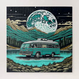 Quebra-cabeça Teal Vintage RV Camper na Montanha Retro