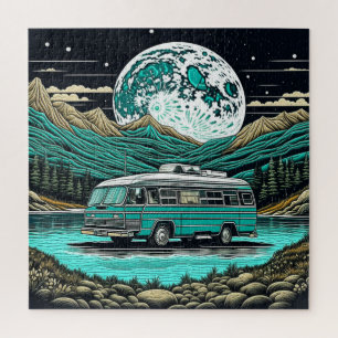 Quebra-cabeça Teal Vintage RV Camper na Montanha Retro