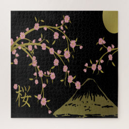 Quebra-cabeça Tela Japonesa Rosa Sakura Dourado Preto
