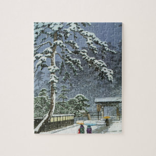 Quebra-cabeça Templo de Honmonji na neve - 川瀬巴水 de Kawase Hasui