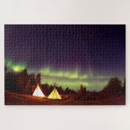 Quebra-cabeça Tempos Camping Campsite Aurora Borealis Night Sky