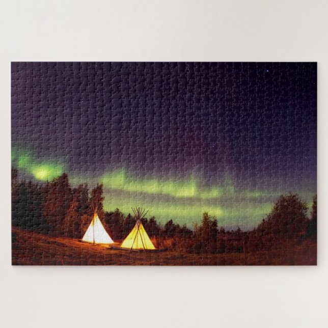 Quebra-cabeça Tempos Camping Campsite Aurora Borealis Night Sky (Horizontal)