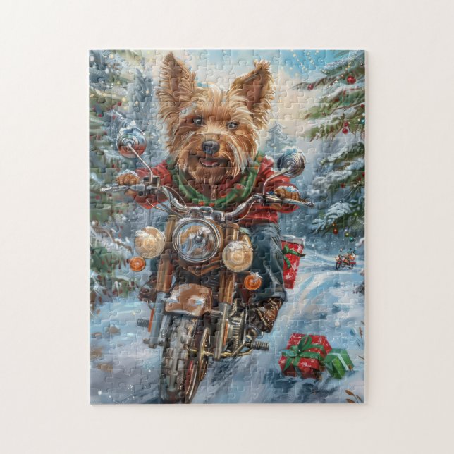 Quebra-cabeça Terrier Australiano Andando de Motocicleta Natal (Vertical)