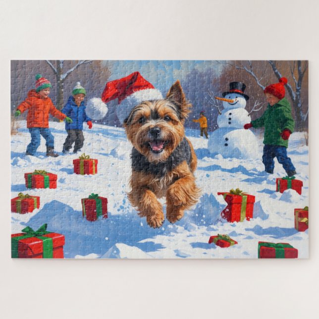 Quebra-cabeça Terrier Tibetano Correndo na Neve com Chapéu de Na (Horizontal)