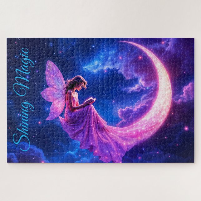 Quebra-cabeça Testemunho de fada da lua rosa-rosa estrelado arte (Horizontal)