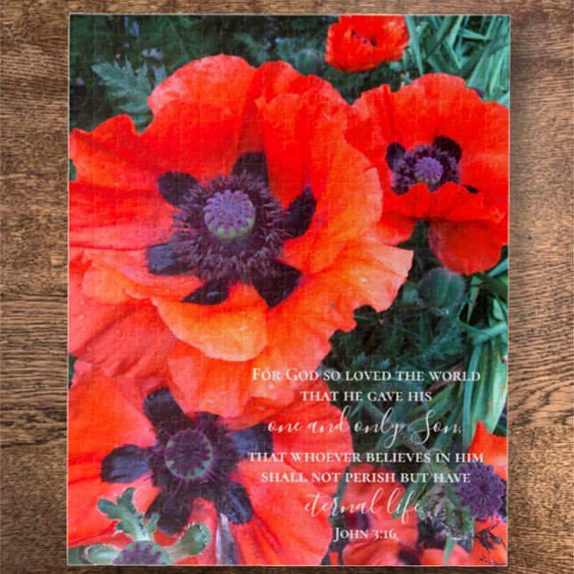 Quebra-cabeça Texto Personalizado do John 3:16 | Foto original d (Unique puzzle from my original photo vibrant red poppy flowers. Custom script John 3:16 Bible verse )
