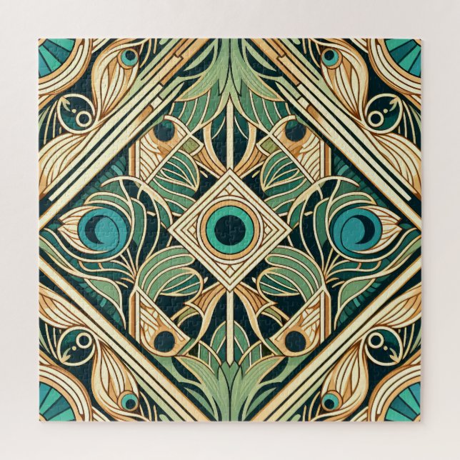 Quebra-cabeça Textura Dourada e verde de penas abstrato de pavão (Vertical)