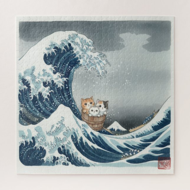 Quebra-cabeça The Great Wave off Kanagawa with Cute Kittens (Vertical)