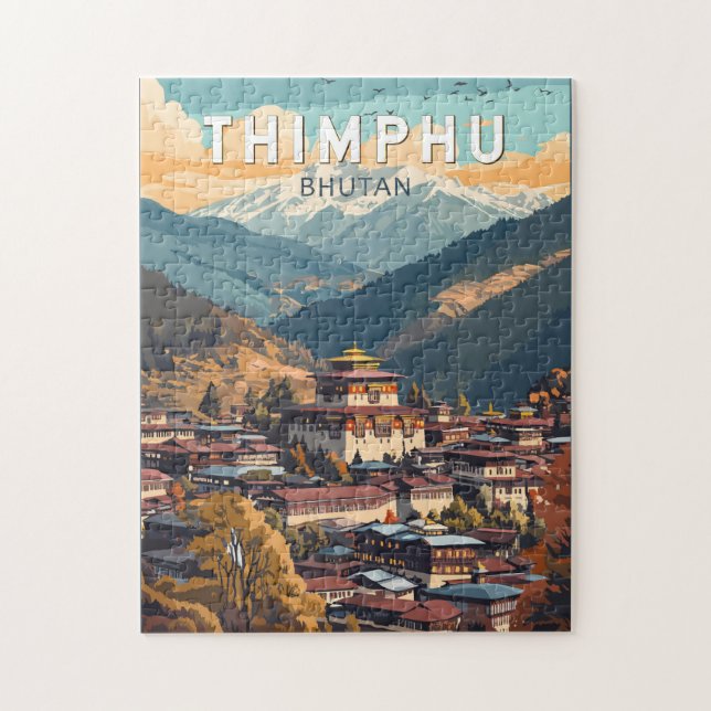 Quebra-cabeça Thimphu Bhutan Illustration Viagem Art Vintage (Vertical)