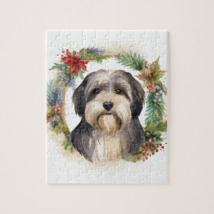 Quebra-cabeça Tibetano Terrier Christmas Wreath Festivo Pup