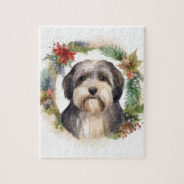 Quebra-cabeça Tibetano Terrier Christmas Wreath Festivo Pup (Vertical)