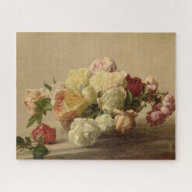 Quebra-cabeça Tigela de Rosas em uma Mesa Marble por H Fantin-La (Horizontal)