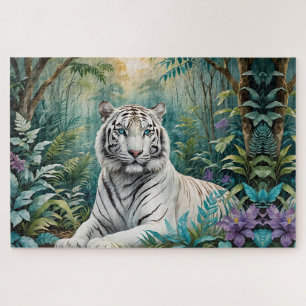 Quebra-cabeça Tigre branco numa selva verde azul