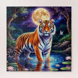 Quebra-cabeça Tigre Majestoso em uma Paisagem Fantástica ao Luar