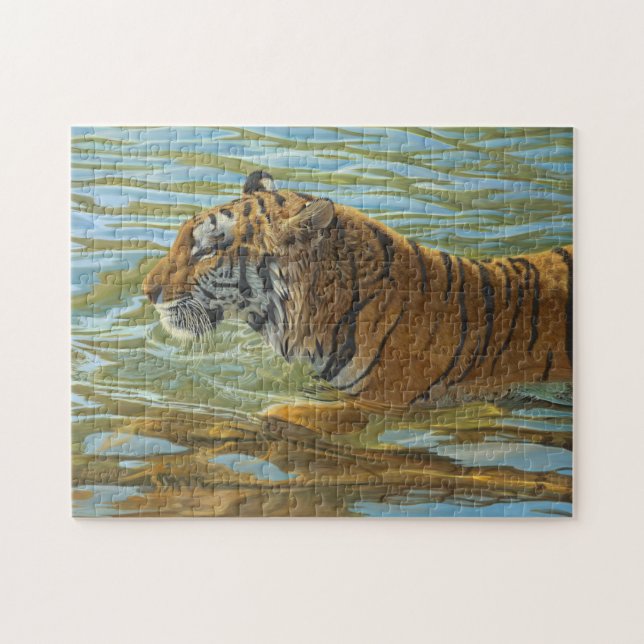 Quebra-cabeça Tigre Nadando Grande Pintura De Gatos (Horizontal)