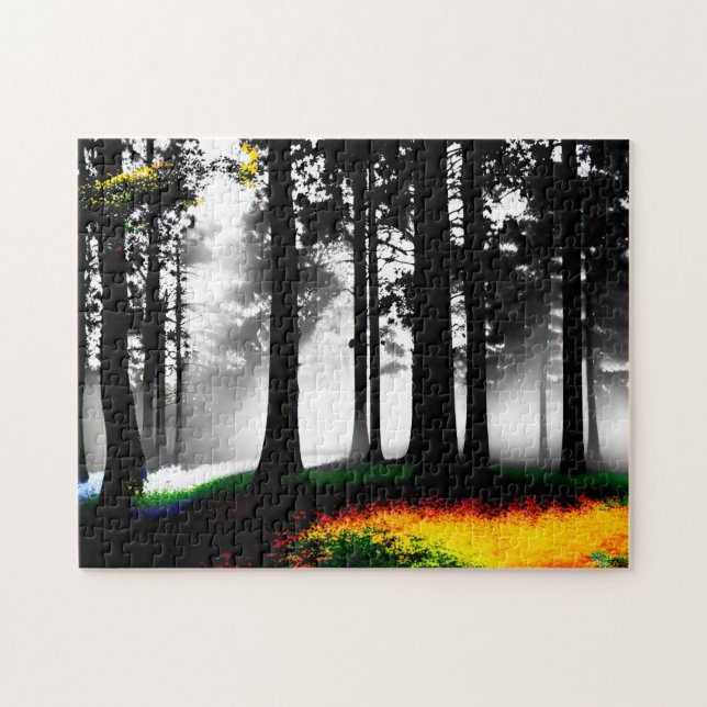 Quebra-cabeça Tinta Arco-Íris Espalhada na Floresta Silhueta (Horizontal)