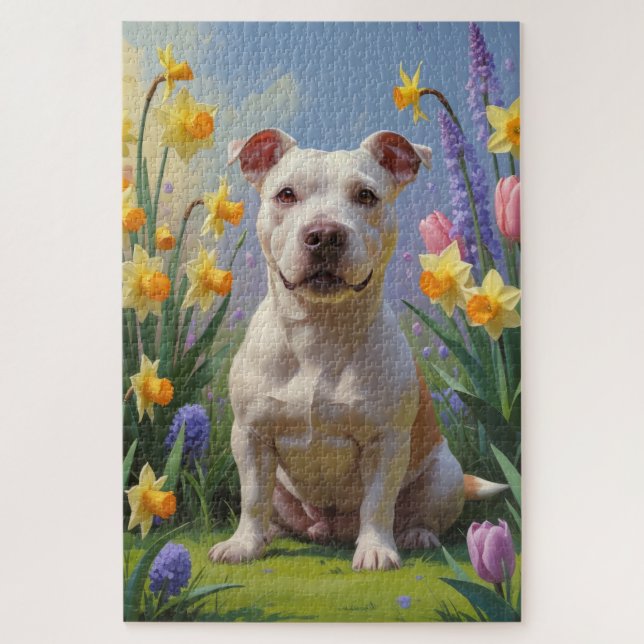 Quebra-cabeça Tinta de Bull Terrier com Flores de Primavera  (Vertical)
