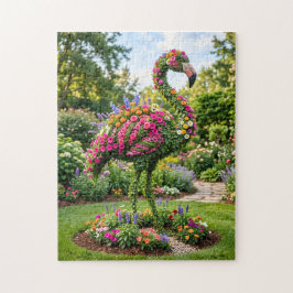 Quebra-cabeça Topiária de Flamingo em Jardim de Flores Tropicais