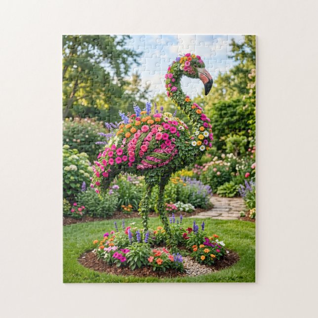 Quebra-cabeça Topiária de Flamingo em Jardim de Flores Tropicais (Vertical)