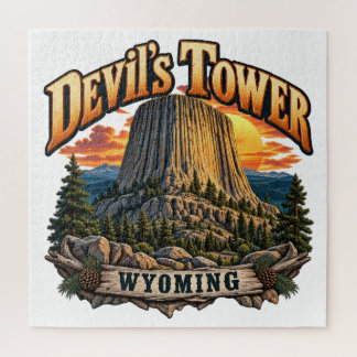 Quebra-cabeça Torre do Diabo Wyoming Gráfico Vintage Pôr-do-Sol