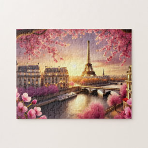 Quebra-cabeça Torre Eiffel Paris França Flor de Cerejeira Românt