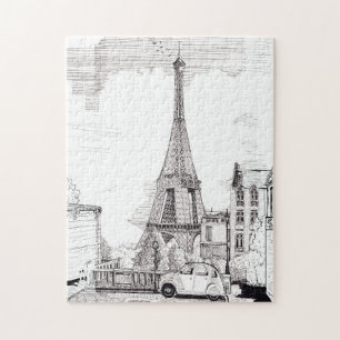 Quebra-cabeça Torre Eiffel Paris França Ilustração Caneta Tinta
