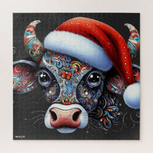 Quebra-cabeça Touro de Vaca de Natal com Santa Hat Arte Foliar M