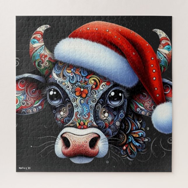 Quebra-cabeça Touro de Vaca de Natal com Santa Hat Arte Foliar M (Vertical)