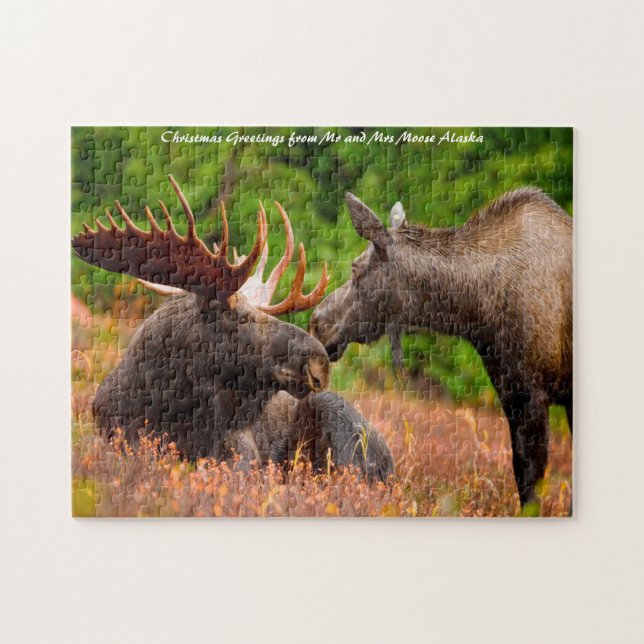 Quebra-cabeça Touro e Vaca Alce Alasca. Saudações de Natal (Horizontal)