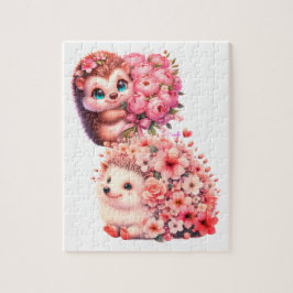 Quebra-cabeça  Tow cuteRomantic Floral Hedgehog Duo Illustration