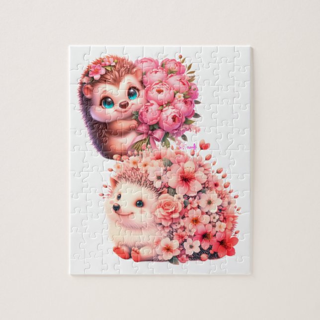 Quebra-cabeça  Tow cuteRomantic Floral Hedgehog Duo Illustration (Vertical)