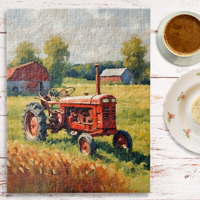 Quebra-cabeça Trator Vermelho Antigo Fazenda Retrô Campo Rústico (A jigsaw puzzle with picture of a traditional red tractor in a field, with farm buildings)