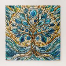Tree of Life Shattered Glass Mosaic Aqua Blues