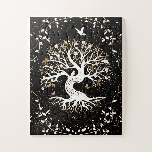 Quebra-cabeça Tree of Life - Yggdrasil - black white and gold (Vertical)