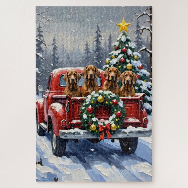 Quebra-cabeça Treeing Walker Coonhound Christmas Red Truck (Vertical)