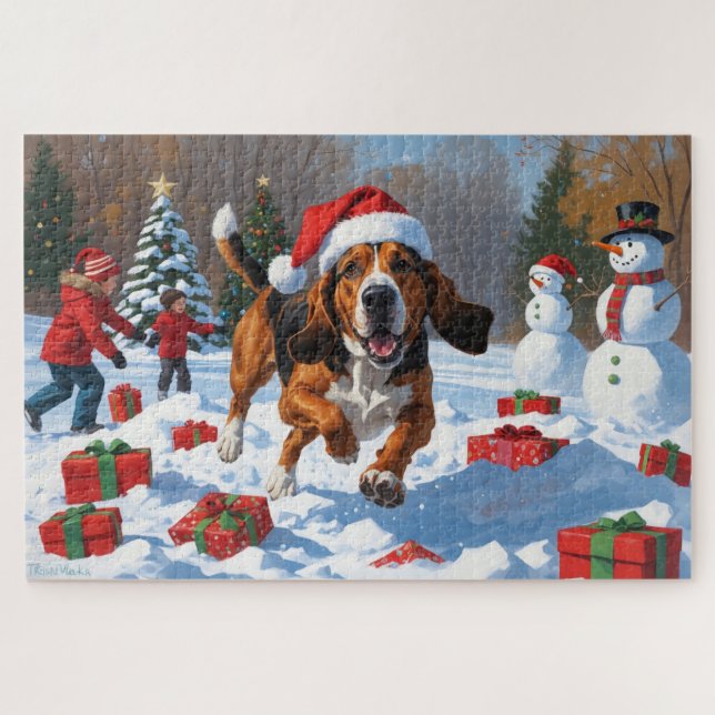 Quebra-cabeça Treeing Walker Coonhound Neve com Chapéu de Natal (Horizontal)