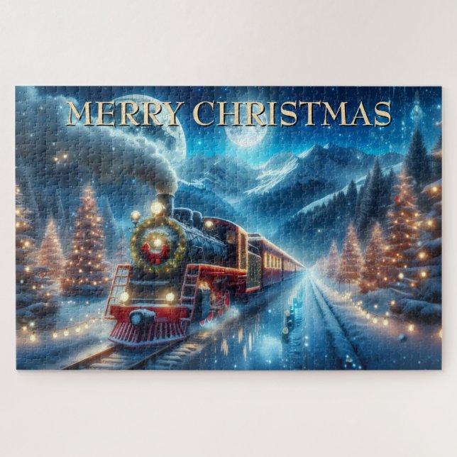 Quebra-cabeça Trem de Natal com Grinalda e Pinheiros Nevados (Horizontal)