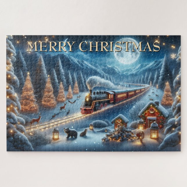 Quebra-cabeça Trem de Natal com Lanternas e Animais da Floresta (Horizontal)