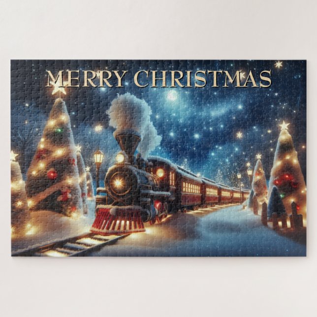 Quebra-cabeça Trem de Natal sob o Céu Estrelado ao Luar (Horizontal)