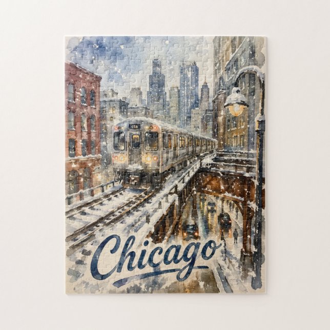 Quebra-cabeça Trem El de Chicago na Neve de Inverno (Vertical)