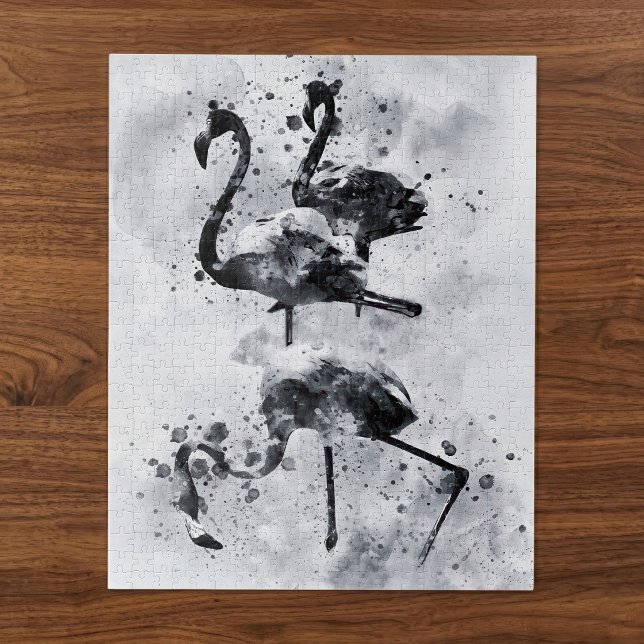 Quebra-cabeça Três Flamingos Preto e Branco Aquarela (Three Flamingos Black and White Watercolor. Jigsaw Puzzle)