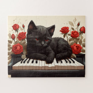 Quebra-cabeça Triste gato preto no piano