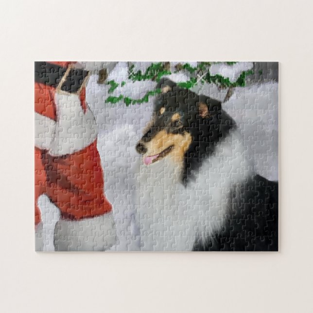 Quebra-cabeça Triz Collie Bruta Com Papais noeis De Natal (Horizontal)