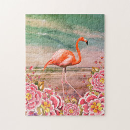 Quebra-cabeça Tropical Flamingo on Beach com Colagem de Flores R